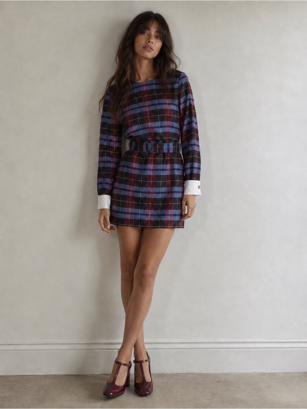 Zara Tartan Belted Mini Dress with Statement Cuffs Preppy Fall Style Plaid Large